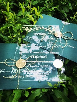 A5 Perspex Invitation with handmade envelope,wax seal & twine